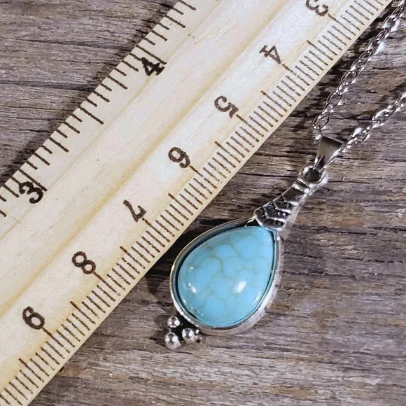 Tribal Style Teardrop Turquoise Stone Silver Chain Necklace - Picture 5 of 5
